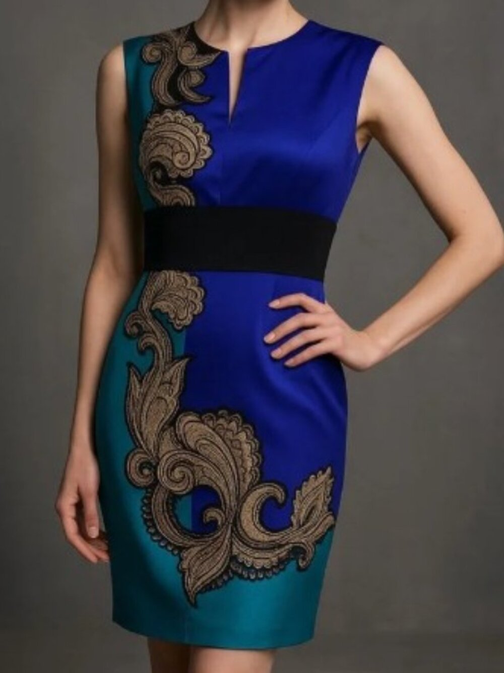 Trina Turk Blue Turquoise Color-Block Paisley Lace Sheath Dress Size 4